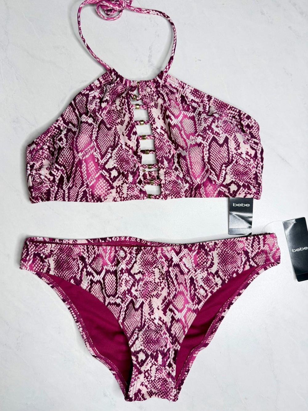 bebe Pink Snake-Print Halter Bikini Set Size Medium
